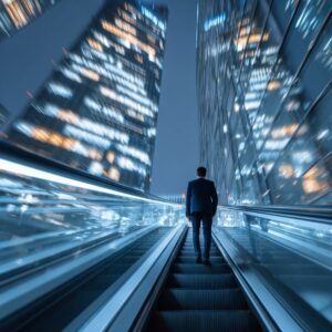Businessman ascending escalator at night with tall illuminated skyscrapers, symbolizing corporate ambition and career growth.