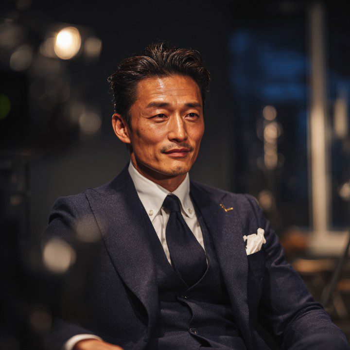 Confident businessman in a navy suit sitting in a dimly lit office, conveying professionalism, leadership, and executive presence.