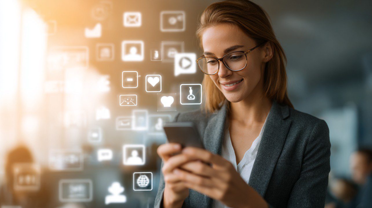 Smiling businesswoman using smartphone with floating digital icons representing communication, social media, and technology.