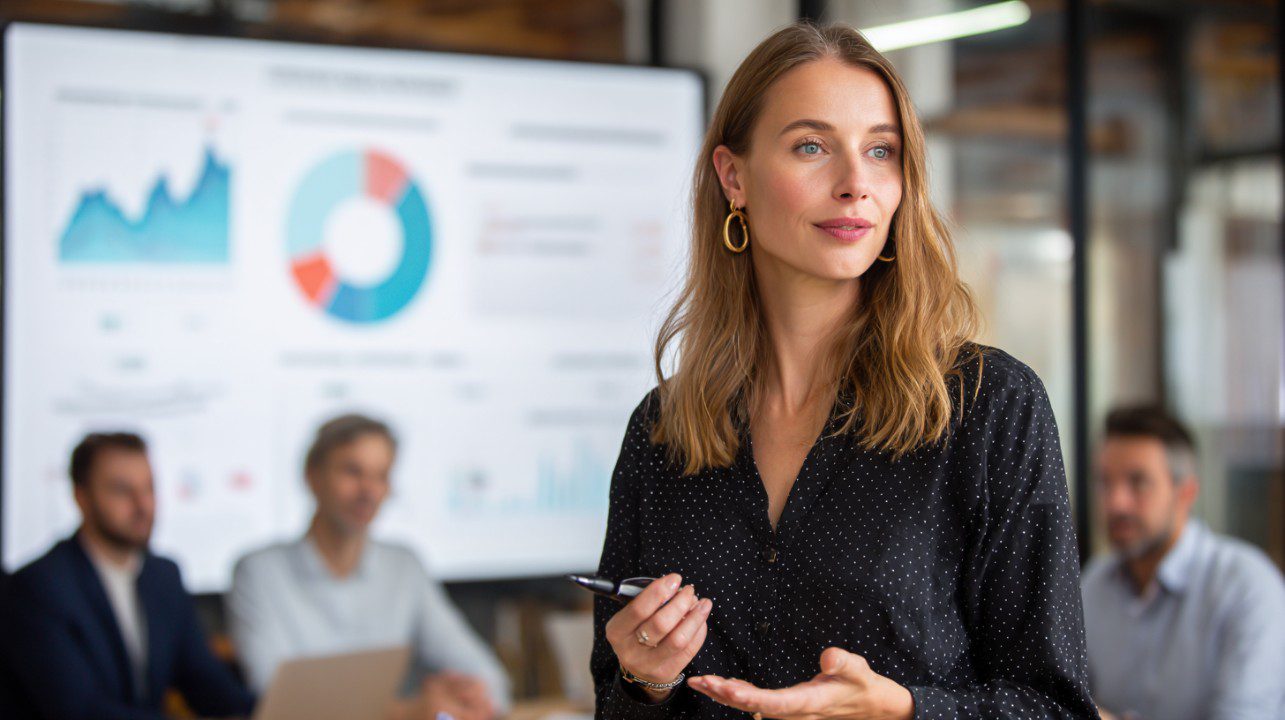 Confident businesswoman presenting charts and data to colleagues during an office meeting, symbolizing leadership and teamwork.