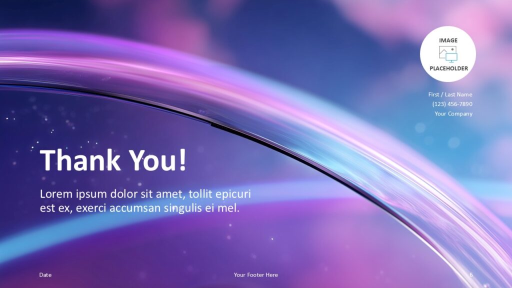 Celestial Halo Thank You Slide Template for PowerPoint & Google Slides Final slide with bottom-left arc, thank-you message, and circular image placeholder for Google Slides and PowerPoint presentations.