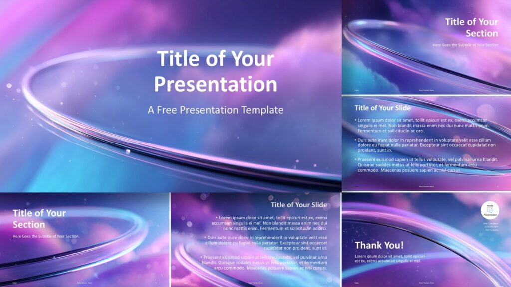 Widescreen preview of the Celestial Halo Template for PowerPoint and Google Slides with glowing arcs and soft gradient backgrounds.