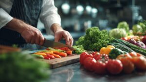 Close-up of a chef slicing colorful vegetables on a cutting board in a professional kitchen with fresh produce around.