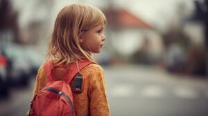 Young girl with a red backpack featuring a GPS tracking device, representing modern child safety and parental monitoring.
