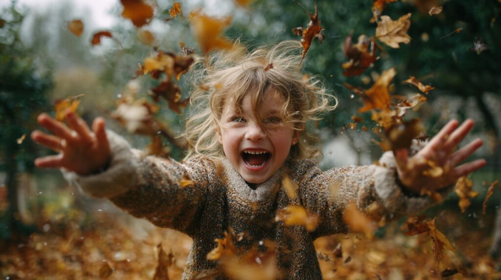 Smiling child throwing autumn leaves outdoors, capturing joy, playfulness, and the vibrant colors of fall in a lifestyle setting.