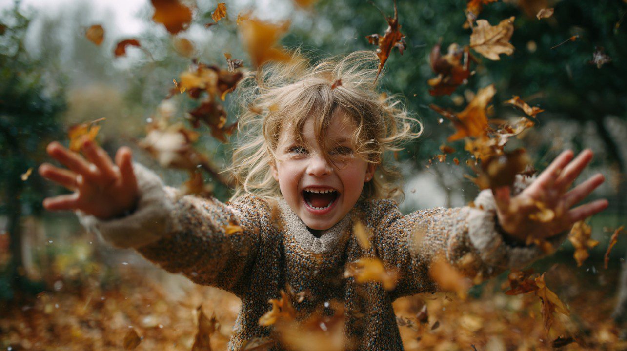 Smiling child throwing autumn leaves outdoors, capturing joy, playfulness, and the vibrant colors of fall in a lifestyle setting.