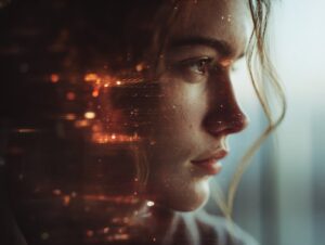 Profile of a young woman with warm cinematic lighting and glowing double exposure of abstract city lights and digital effects.