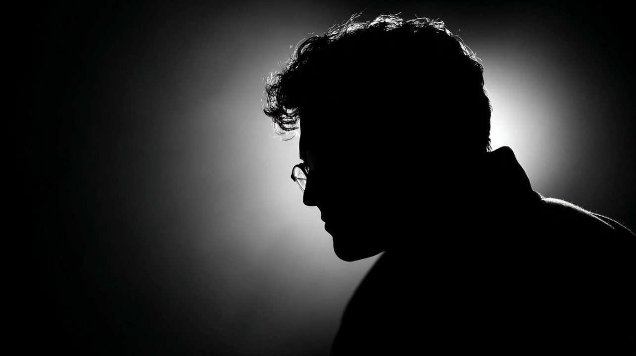 Cinematic silhouette portrait of a man in profile, wearing glasses, captured in black and white with dramatic backlighting.