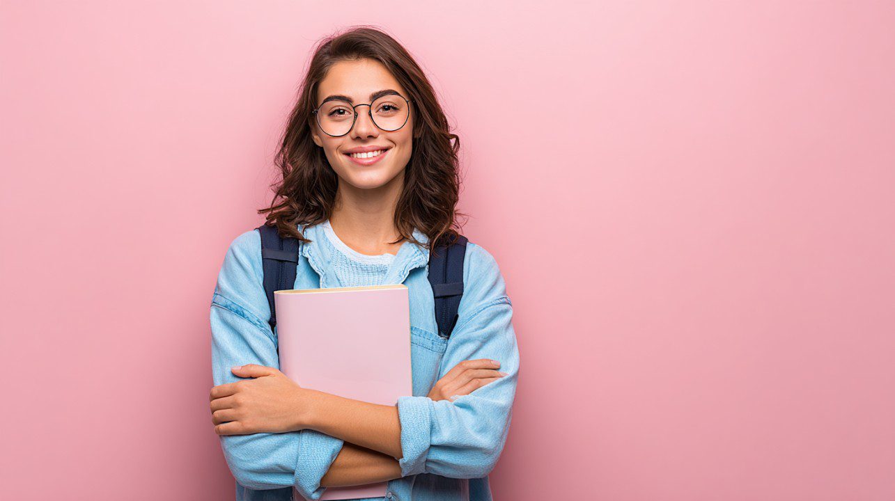 Happy college student holding a book and wearing a backpack, smiling in front of a pink background—perfect for education themes.