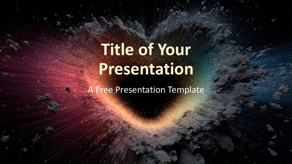 Cosmic Heartburst Cover Slide for PowerPoint & Google Slides Cover slide of the Cosmic Heartburst Template for PowerPoint and Google Slides with centered title and vibrant heart-shaped crater.
