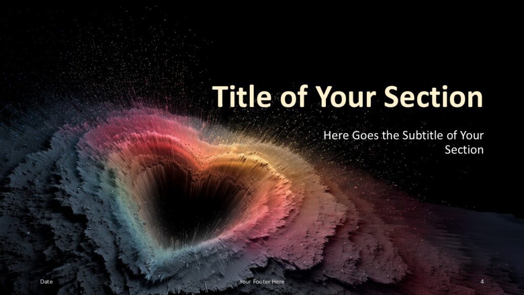 Cosmic Heartburst Section Slide Option 1 for PowerPoint & Google Slides Section divider with left-aligned title and glowing crater graphic; ideal for introducing new topics in PowerPoint or Google Slides.