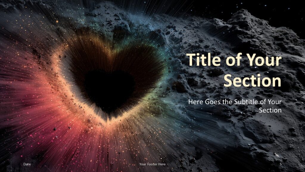 Cosmic Heartburst Section Slide Option 2 for PowerPoint & Google Slides Mirrored section layout with title on right and crater on left; designed for visual transitions in Google Slides or PowerPoint.