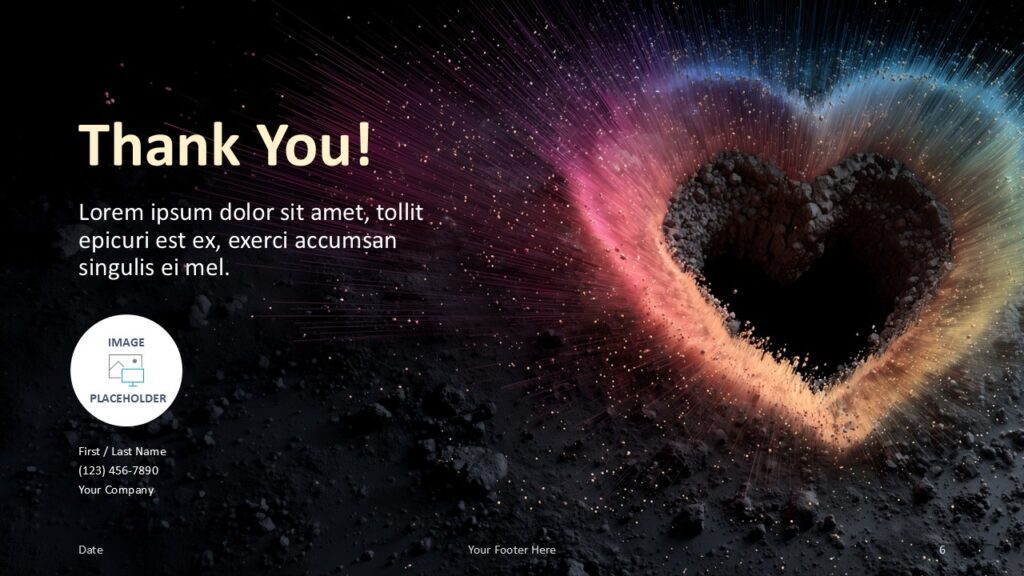 Cosmic Heartburst Thank You Slide Template for PowerPoint & Google Slides Thank you slide with left-aligned text, circular image placeholder, and central glowing crater for Google Slides and PowerPoint.