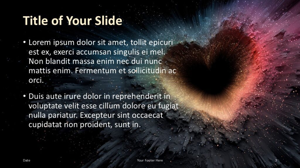 Cosmic Heartburst Title and Content Slide Option 2 for PowerPoint & Google Slides Reversed layout with title and content on left and heart crater on right; slide design for PowerPoint and Google Slides.