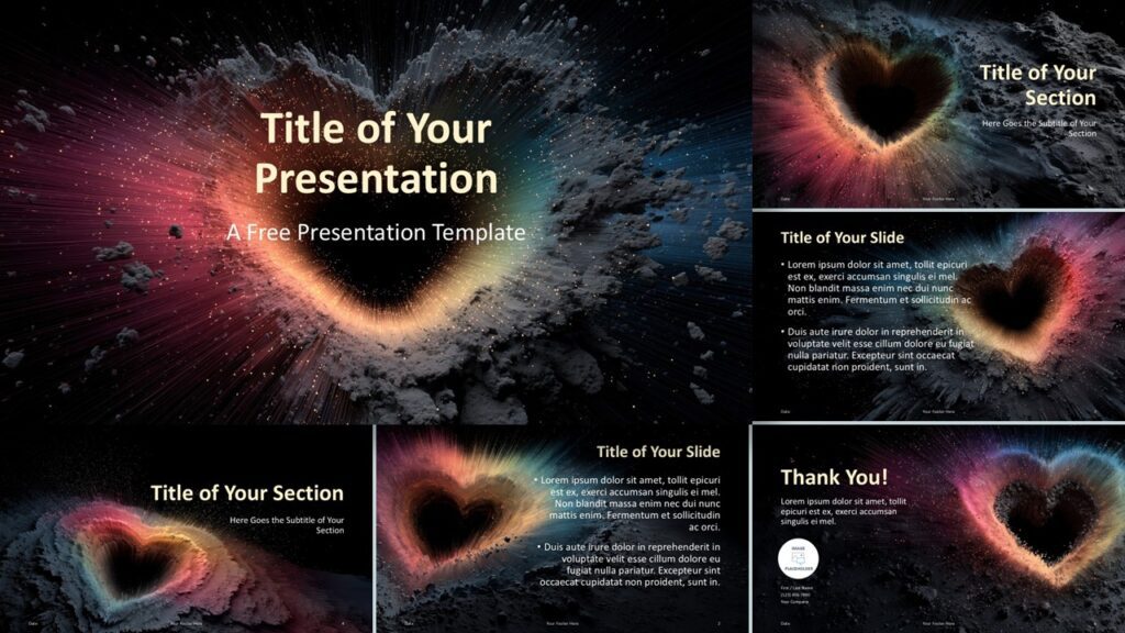 Cosmic Heartburst Template for PowerPoint & Google Slides Widescreen layout of the Cosmic Heartburst Template for PowerPoint and Google Slides featuring all slides in 16:9 format.