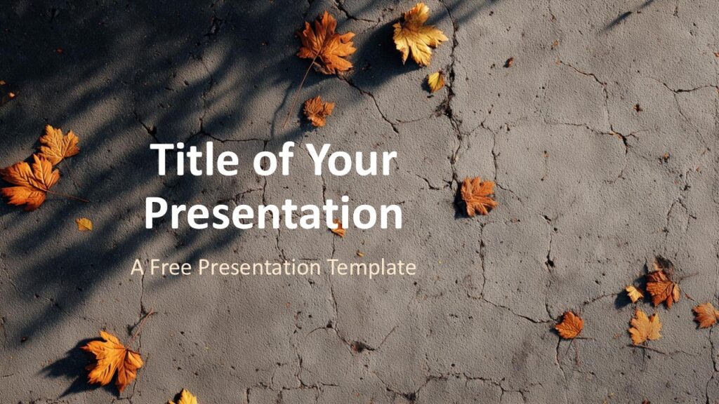 Cracked Concrete Leaves Cover Slide for PowerPoint & Google Slides Title slide with cracked pavement background and autumn leaves, featuring a left-aligned title area for PowerPoint and Google Slides.