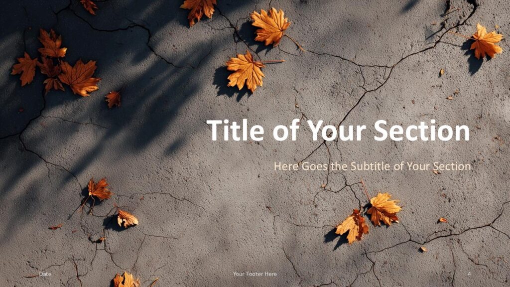 Cracked Concrete Leaves Section Slide Option 1 for PowerPoint & Google Slides Section divider slide with centered title and subtitle over a softened background, designed for transitions in PowerPoint and Google Slides.