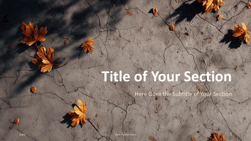 Cracked Concrete Leaves Section Slide Option 2 for PowerPoint & Google Slides Transition slide with lower-third title placement and upper leaf detail, ideal for section breaks in PowerPoint and Google Slides.