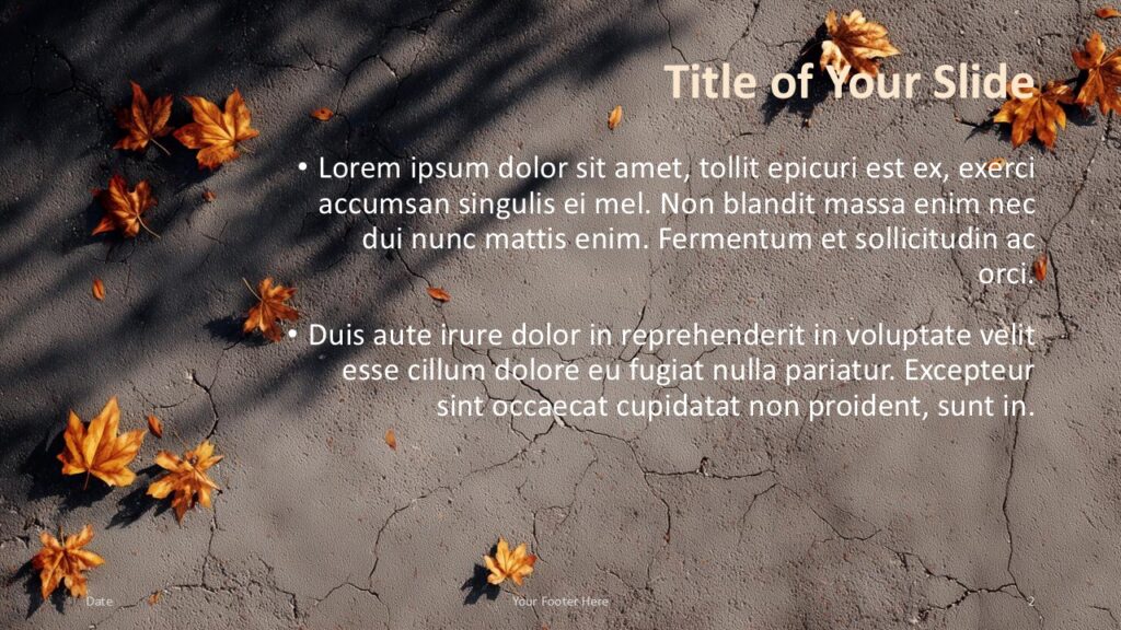 Cracked Concrete Leaves Title and Content Slide Option 1 for PowerPoint & Google Slides Layout with top-right title and centered bullet list, set on a cracked pavement background for PowerPoint and Google Slides.