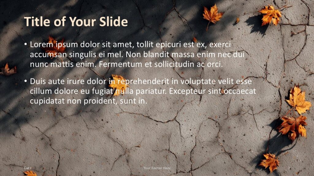 Cracked Concrete Leaves Title and Content Slide Option 2 for PowerPoint & Google Slides Left-aligned title with bullet points beneath, using a textured pavement backdrop for PowerPoint and Google Slides presentations.