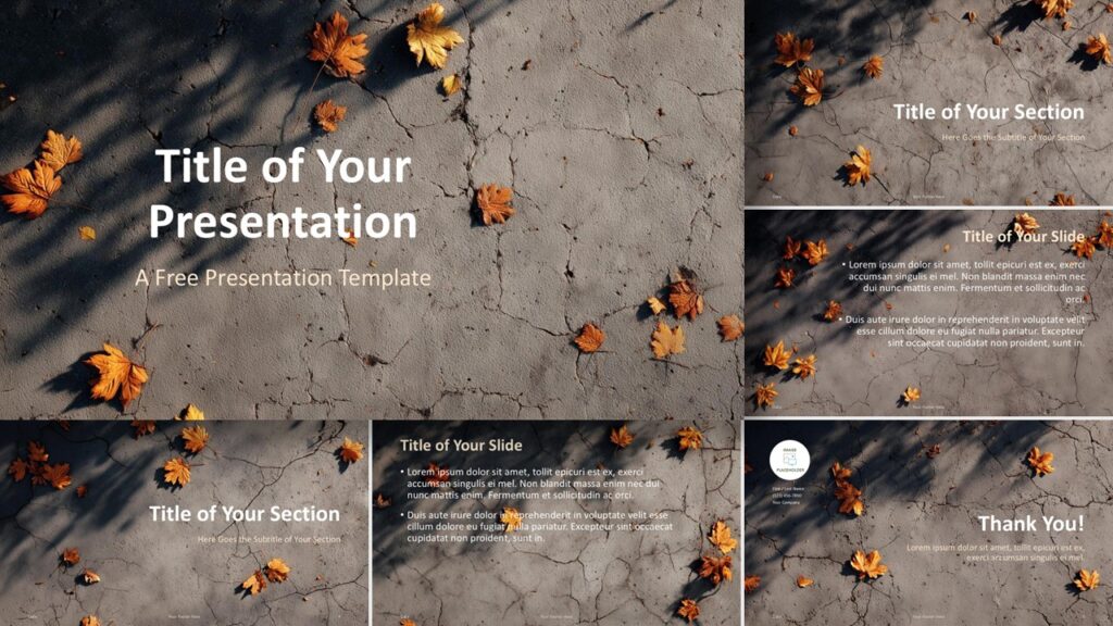Widescreen layout of the Cracked Concrete Leaves Template for PowerPoint and Google Slides featuring cracked textures and autumn tones.