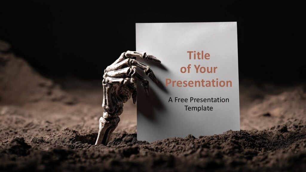 Creeping Hand Cover Slide for PowerPoint & Google Slides Title slide showing a skeletal hand gripping a blank paper for PowerPoint and Google Slides, set on a realistic dirt background.