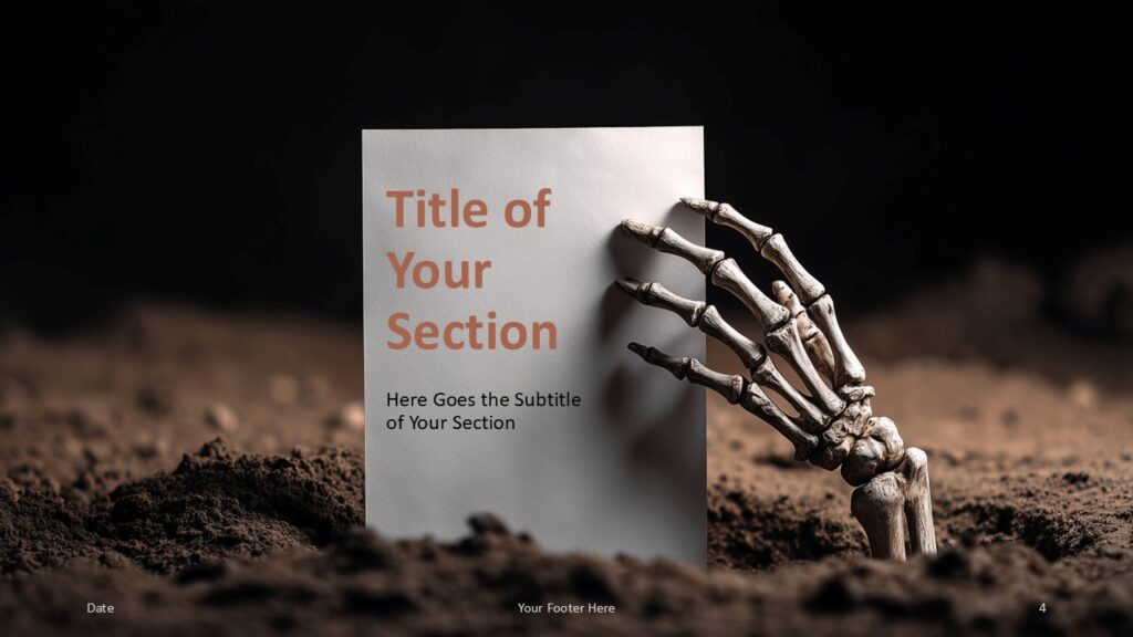 Creeping Hand Section Slide Option 1 for PowerPoint & Google Slides Section break layout with upright paper held by a skeletal hand, used to introduce new topics in PowerPoint and Google Slides.