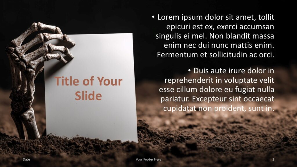 Creeping Hand Title and Content Slide Option 1 for PowerPoint & Google Slides Layout with skeletal hand on left, paper with title zone, and bullet points on dark soil background for PowerPoint and Google Slides.