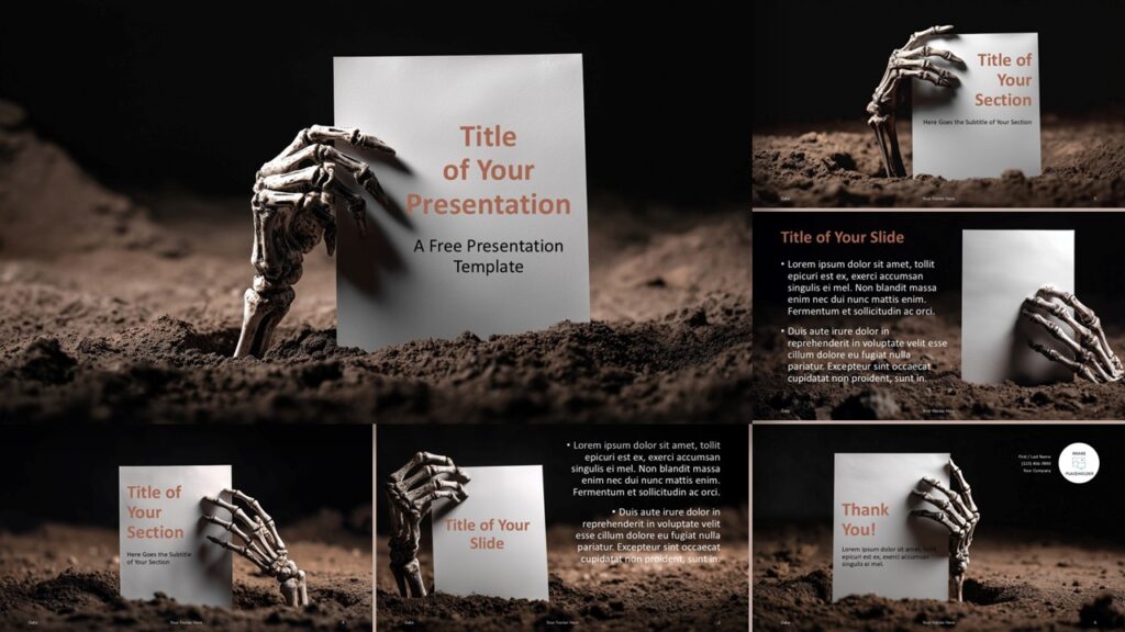 Widescreen preview of the Creeping Hand Template for PowerPoint and Google Slides with dark soil textures and eerie design elements.