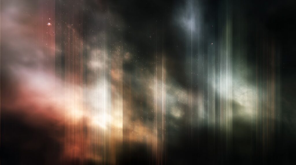 Hazy digital background with vertical light streaks and a cosmic feel, featuring dark tones and subtle glowing particles.