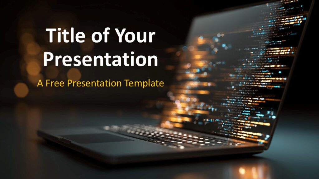 Digital Stream Cover Slide for PowerPoint & Google Slides Cover slide with glowing laptop and digital streams, featuring a left-aligned title and subtitle area for PowerPoint and Google Slides.