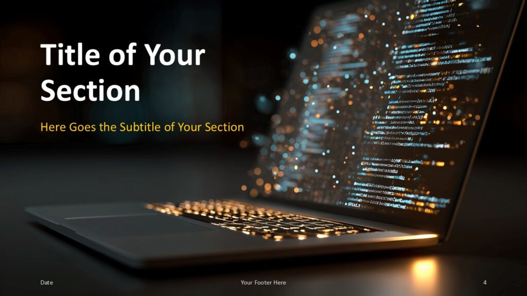 Digital Stream Section Slide Option 1 for PowerPoint & Google Slides Section divider slide with large white title and yellow subtitle on the left, over a full-screen laptop background.