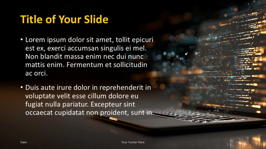 Digital Stream Title and Content Slide Option 1 for PowerPoint & Google Slides Left-aligned content layout with yellow title and bullet points, paired with a glowing laptop visual on the right side.
