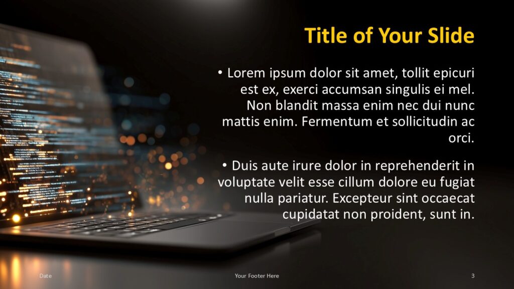 Digital Stream Title and Content Slide Option 2 for PowerPoint & Google Slides Right-aligned text layout with yellow title and bullet list, complemented by a laptop graphic on the left for PowerPoint and Google Slides.