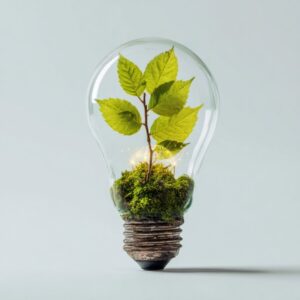 3D-rendered image of a green plant growing inside a transparent lightbulb, representing eco-friendly innovation and sustainability.