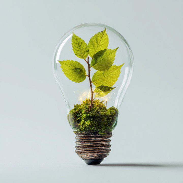 3D-rendered image of a green plant growing inside a transparent lightbulb, representing eco-friendly innovation and sustainability.