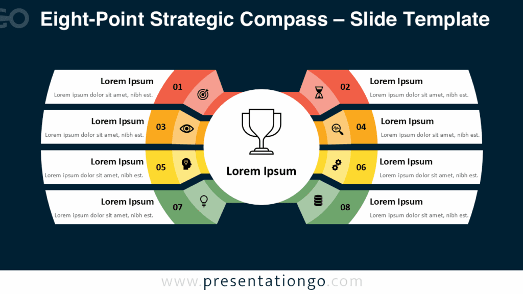 Eight-Point Strategic Compass – Dark Background for PowerPoint & Google Slides Free Eight-Point Strategic Compass PowerPoint template features a dark background with eight colorful blocks and central icon, suited for Google Slides.