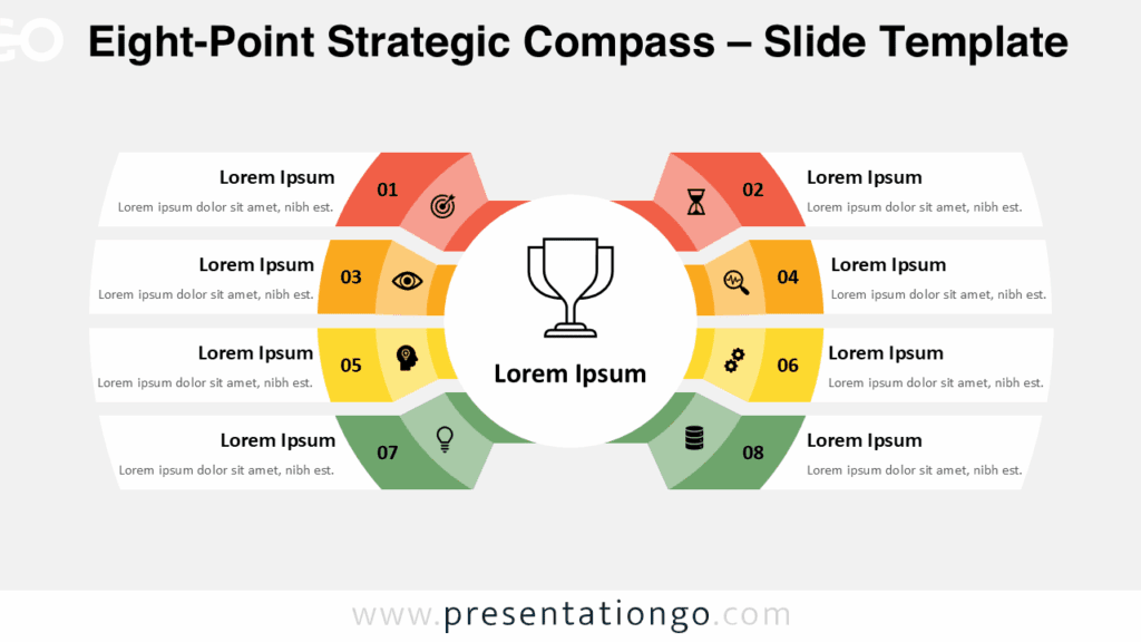 Free Eight-Point Strategic Compass PowerPoint template displays eight curved segments and icons on a light background for Google Slides use.
