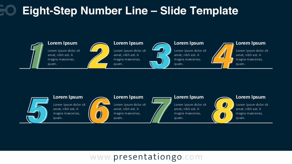 Free Eight-Step Number Line PowerPoint template on a dark background, featuring eight colorful numbers in two rows and editable layout for Google Slides.