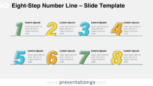 Free Eight-Step Number Line PowerPoint template with light background, showing two rows of bold numbers and editable text areas for Google Slides.