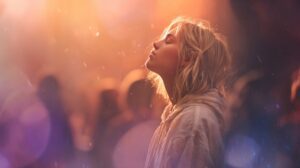 Serene woman with eyes closed standing in glowing warm light, surrounded by a soft, dreamy background, evoking peace and emotion.