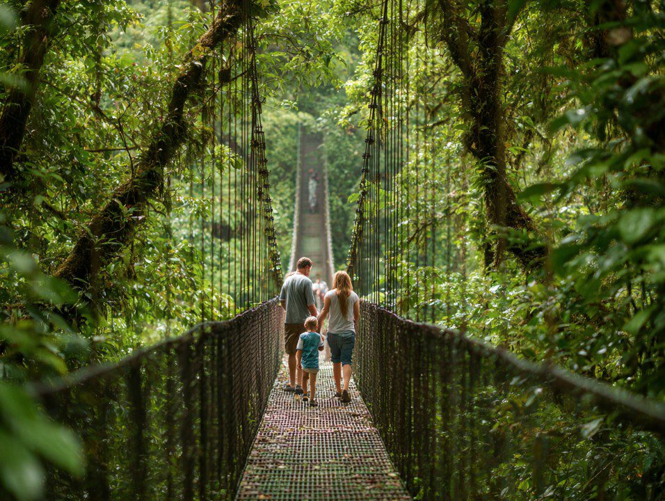 A family walking together across a suspension bridge surrounded by lush green rainforest.