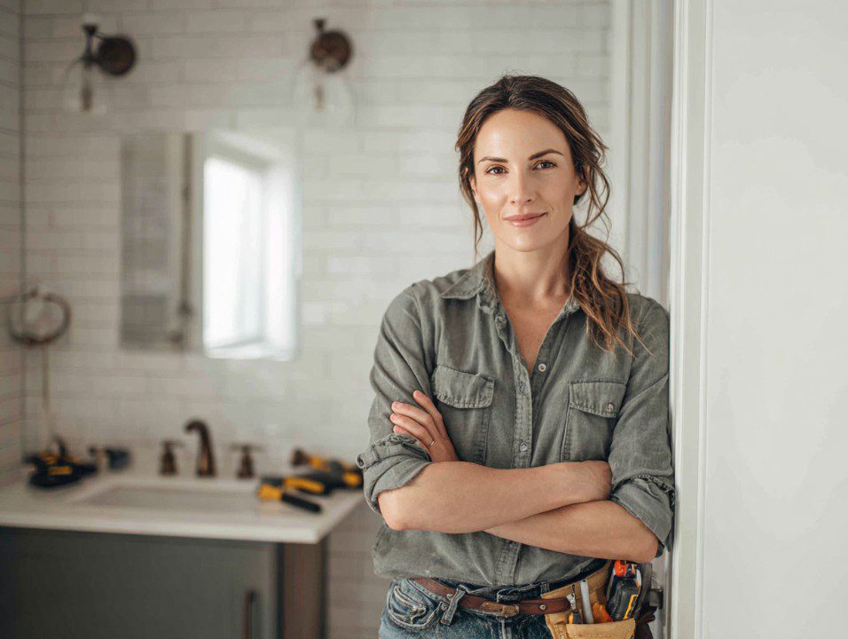 A confident woman contractor standing with arms crossed in a newly renovated bathroom, wearing a tool belt and work shirt.
