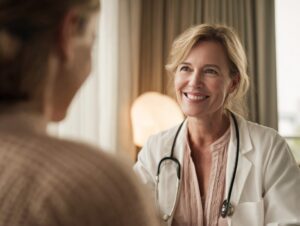 Smiling female doctor with stethoscope consulting with a patient in a softly lit medical office, showing empathy and professionalism.