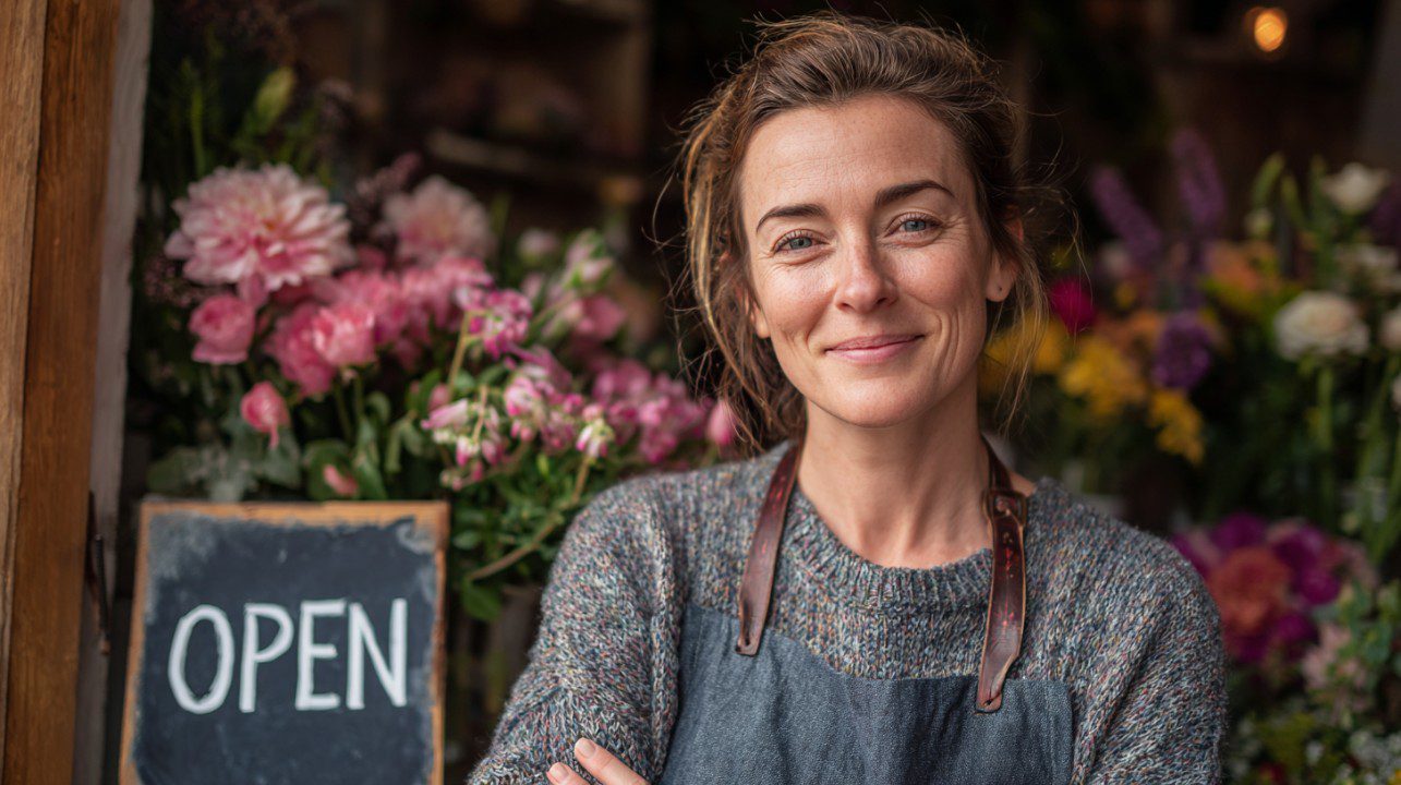 Smiling female florist standing proudly outside her flower shop surrounded by pink and colorful blooms, with an open sign visible.