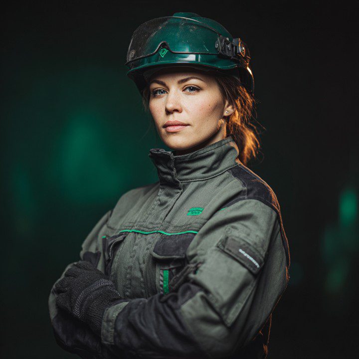 Confident female worker in industrial protective gear, standing with arms crossed, symbolizing strength, safety, and empowerment.