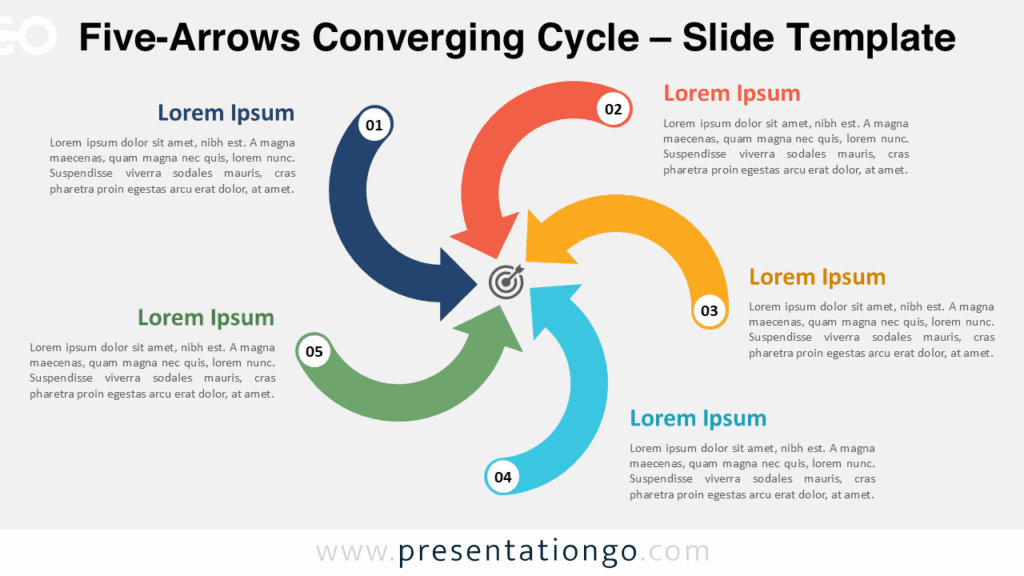 Free Five-Arrows Converging Cycle PowerPoint template and Google Slides slide showing a light background with five colored arrows curving inward, each numbered and linked to surrounding text placeholders in a balanced circular flow.
