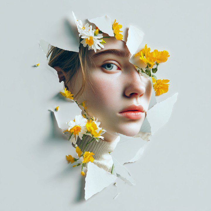3D-rendered portrait of a young woman with her face emerging from torn paper and surrounded by yellow and white flowers.