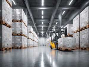 A yellow forklift transporting pallets inside a large, clean, and brightly lit warehouse filled with stacked boxes and organized shelving.
