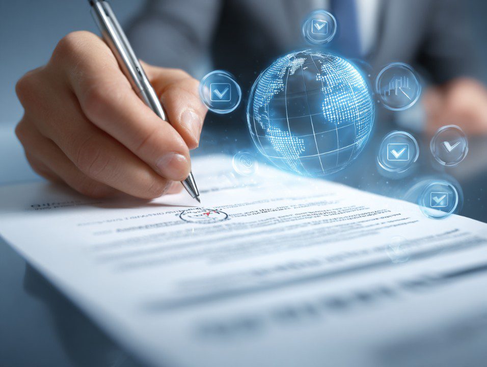 Hand signing a document with digital icons of a globe and quality assurance checkmarks, representing international compliance and standards.